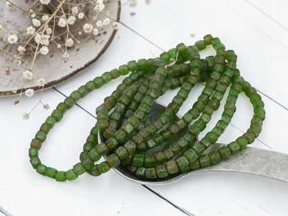 Czech Glass Cube Beads - Etched Green Picasso - 4mm - 40pcs - (A82)