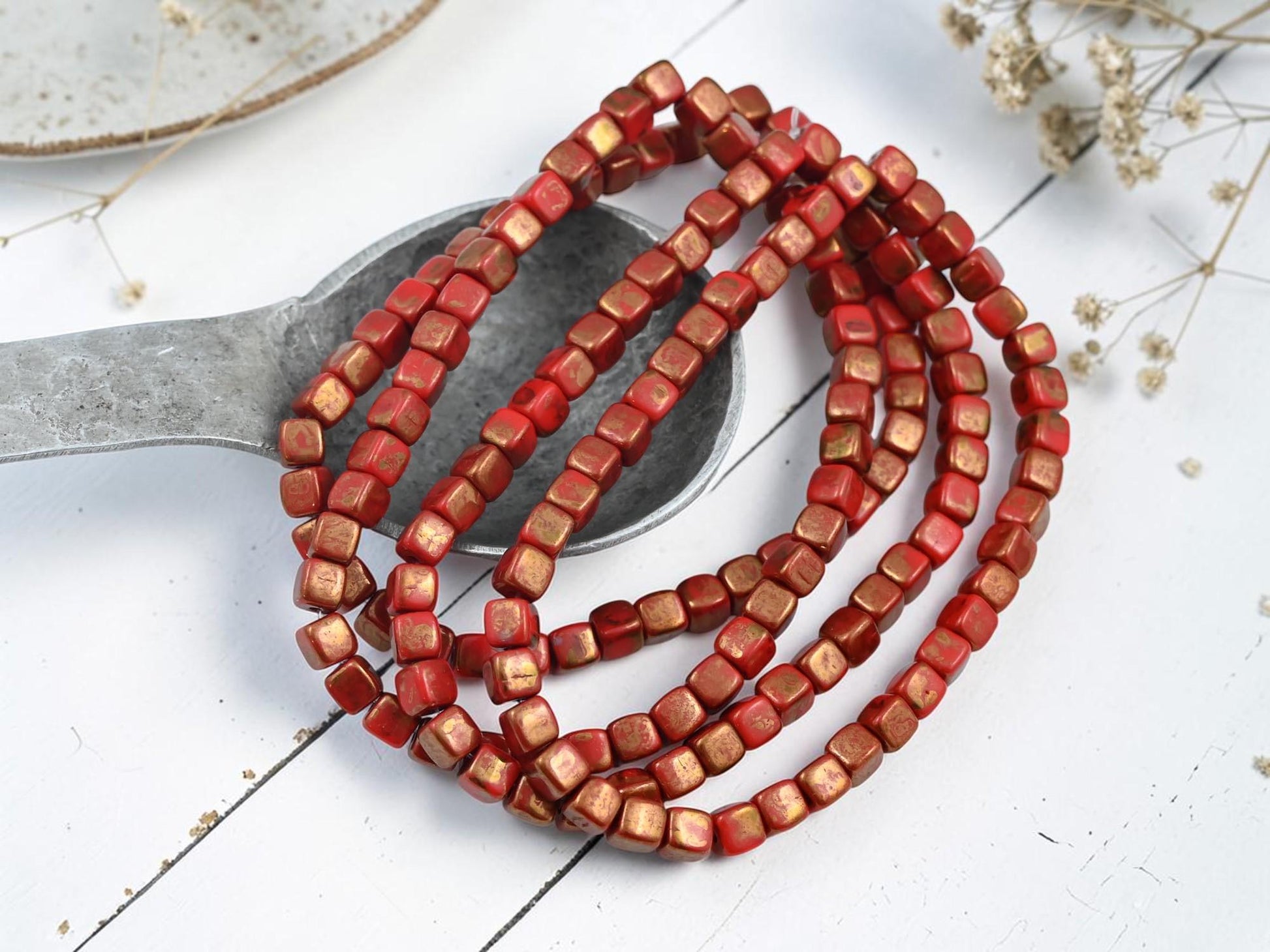 Czech Glass Cube Beads - Bronze Washed Opaque Red - 4mm - 40pcs - (6091)