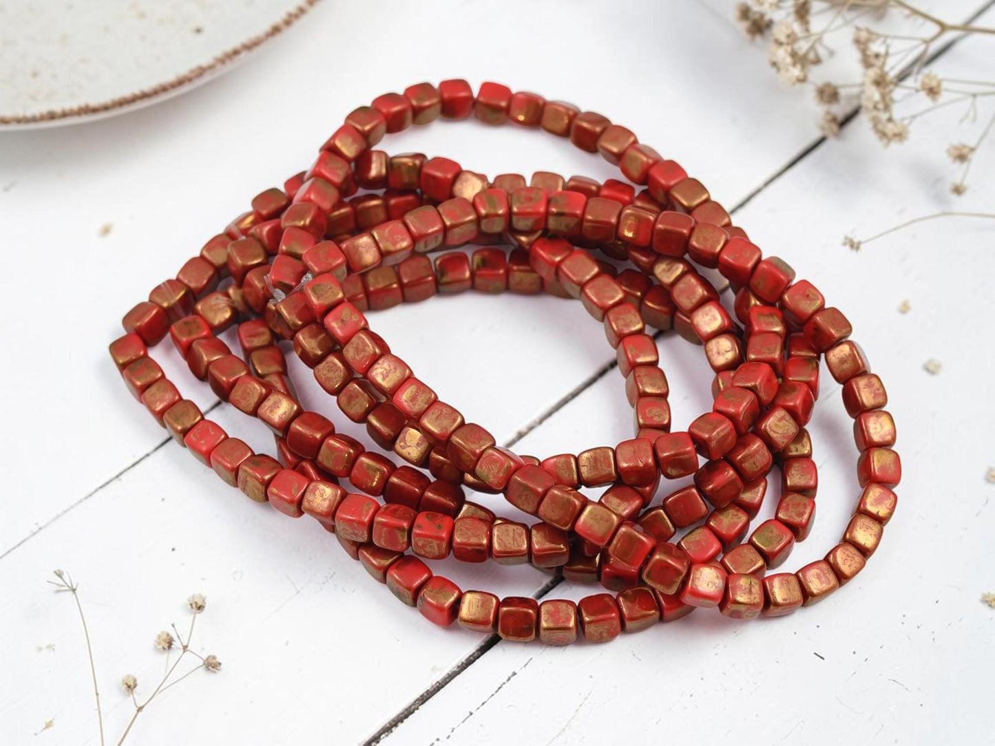 Czech Glass Cube Beads - Bronze Washed Opaque Red - 4mm - 40pcs - (6091)