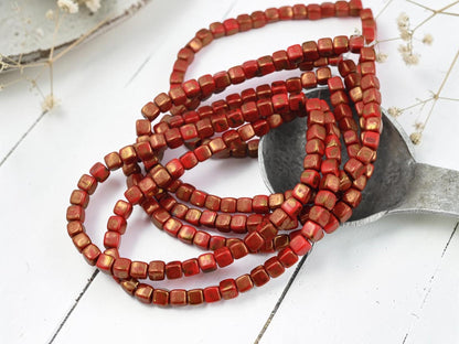 Czech Glass Cube Beads - Bronze Washed Opaque Red - 4mm - 40pcs - (6091)