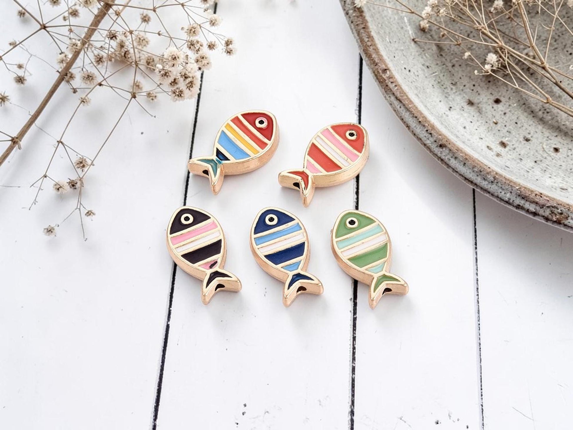*10* 16x9mm Gold Tone Multicolor Enamel Fish Beads