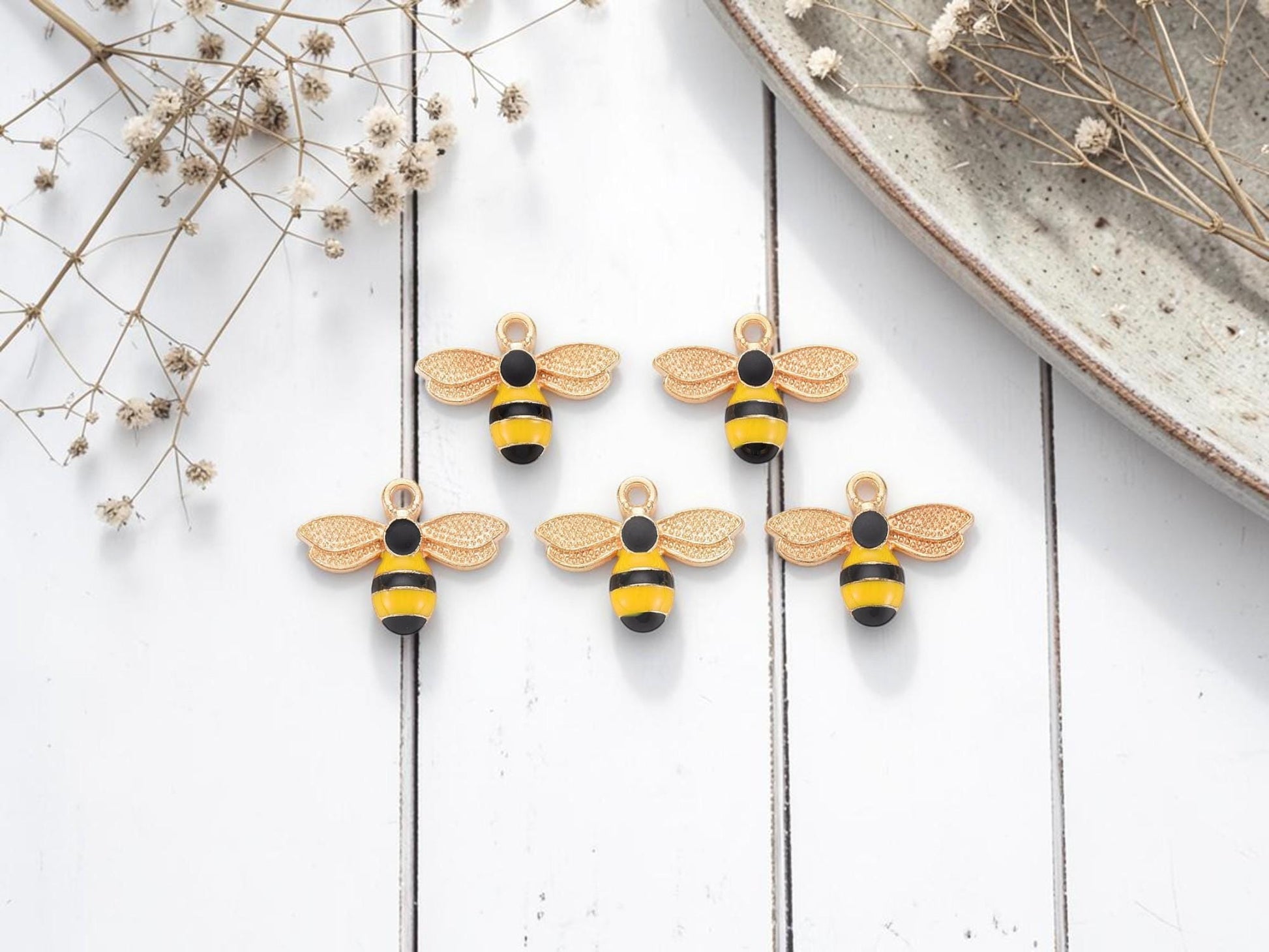 Gold Plated Bumble Bee Enamel Charms - 18x23mm - 5pcs - (1511)