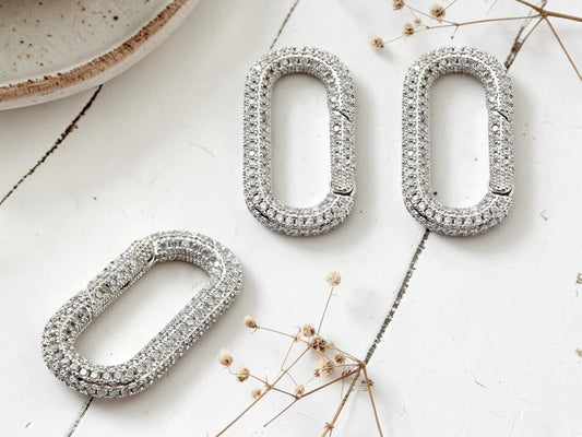 Silver Clasps - Carabiner Clasp - CZ Clasp - Rhinestone Clasp - Trigerless Clasp - Metal Clasps - 33x18mm - 5pcs - (A100)