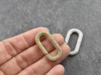 Silver Clasps - Carabiner Clasp - CZ Clasp - Rhinestone Clasp - Trigerless Clasp - Metal Clasps - 33x18mm - 5pcs - (A100)