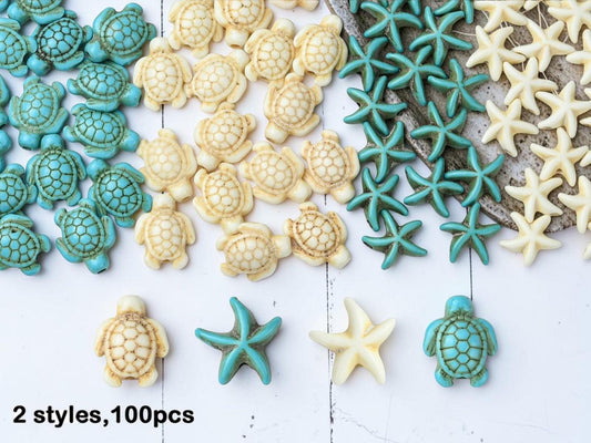 Synthetic Turquoise Starfish Sea Turtle Beads - 100 Piece Box - (Box-02)