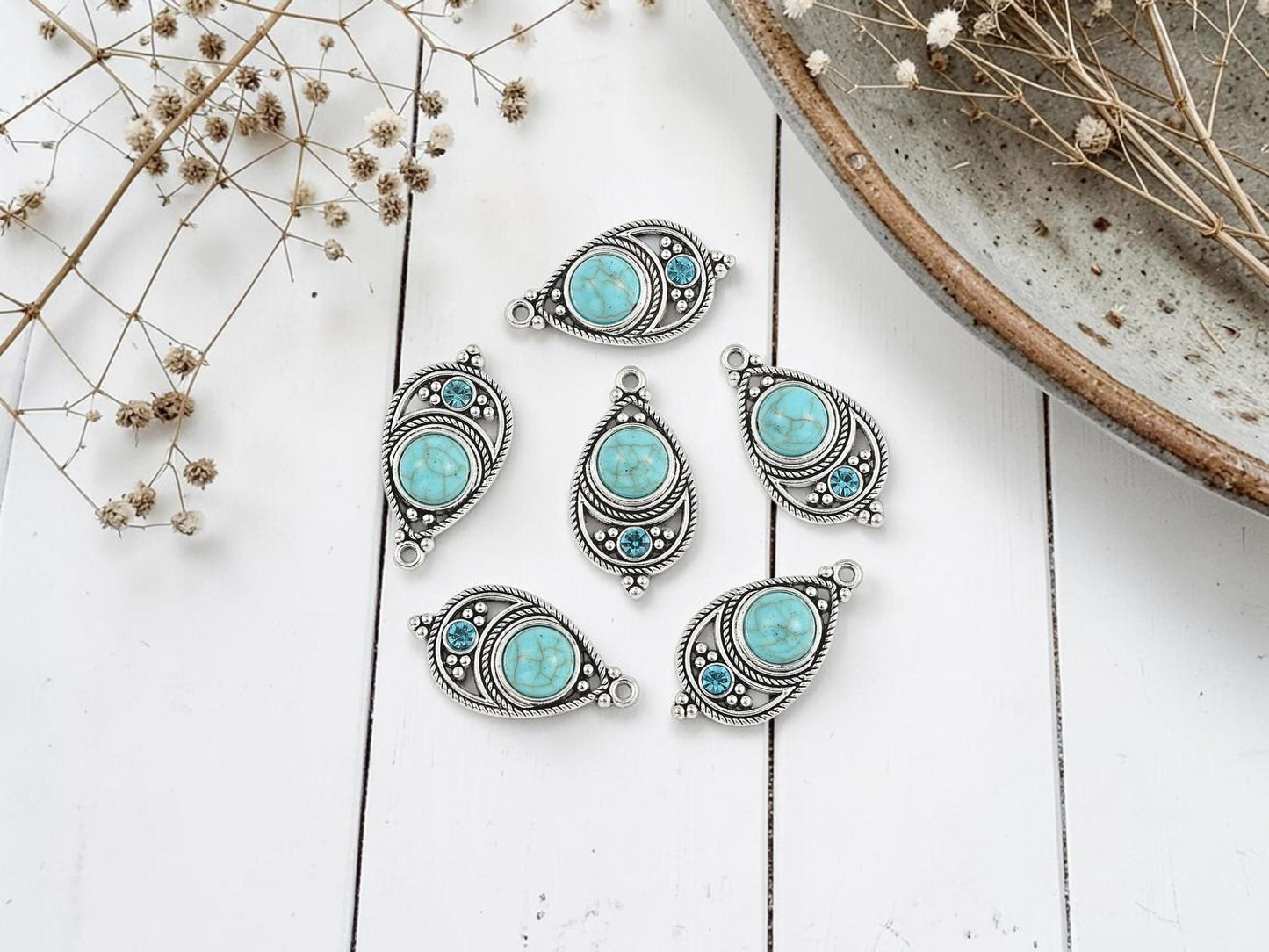 Antique Silver with Green Turquoise + Rhinestone Metal Charm Pendants - 34x18mm - 2pcs - (2176)