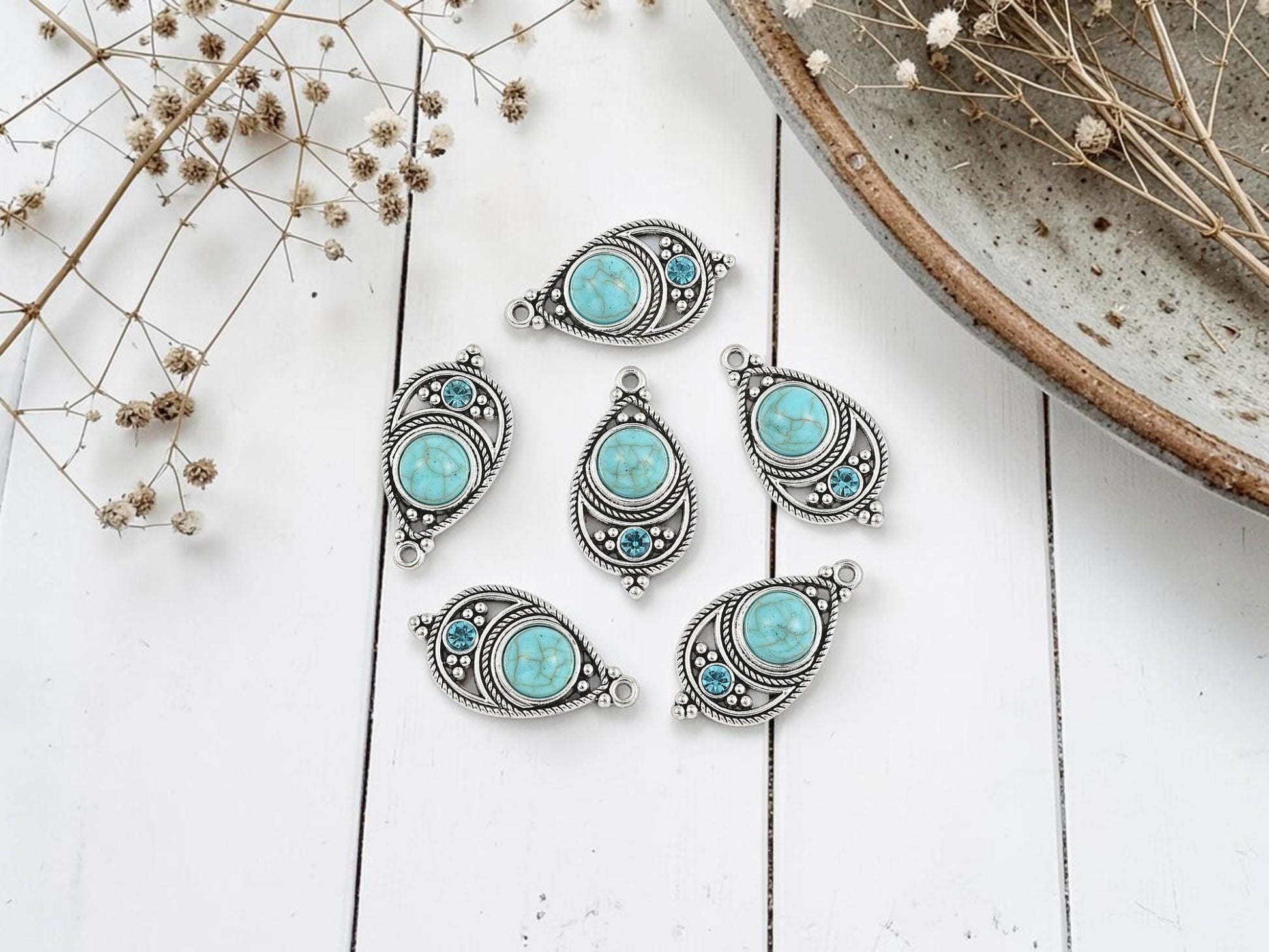 Antique Silver with Green Turquoise + Rhinestone Metal Charm Pendants - 34x18mm - 2pcs - (2176)