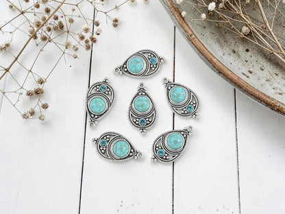 Antique Silver with Green Turquoise + Rhinestone Metal Charm Pendants - 34x18mm - 2pcs - (2176)