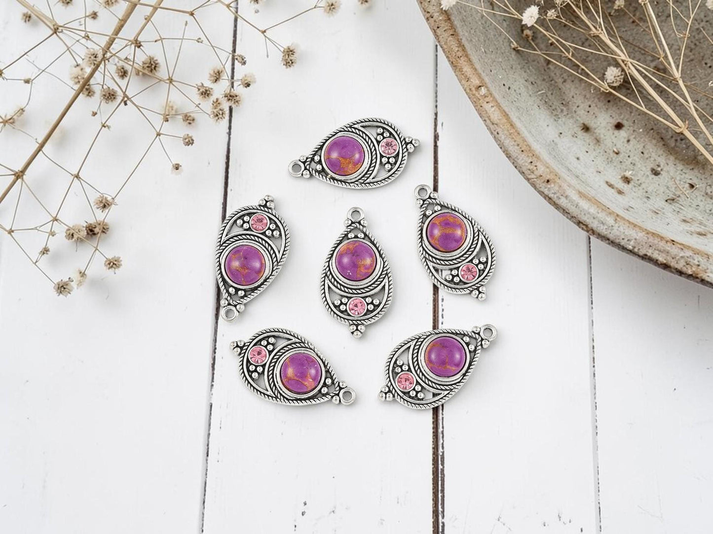 Antique Silver with Purple Howlite + Rhinestone Metal Charm Pendants - 34x18mm - 2pcs - (4744)
