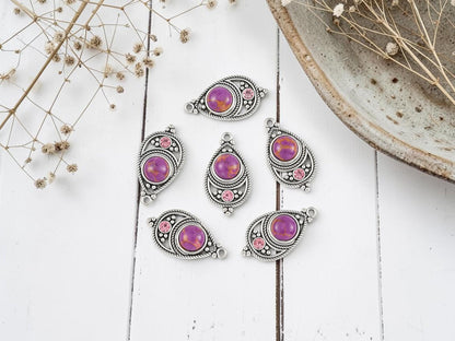 Antique Silver with Purple Howlite + Rhinestone Metal Charm Pendants - 34x18mm - 2pcs - (4744)