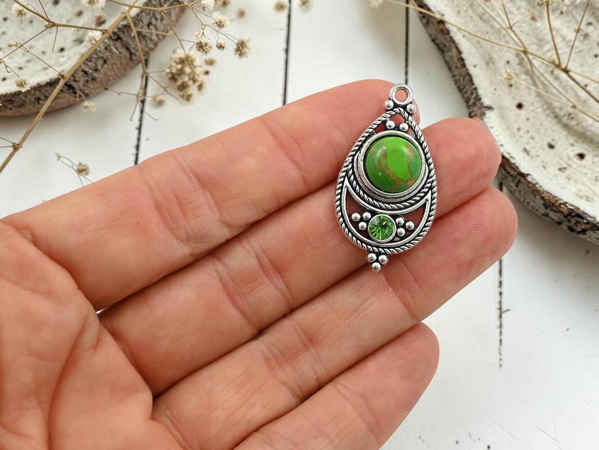 Antique Silver with Green Howlite + Rhinestone Metal Charm Pendants - 34x18mm - 2pcs - (2176)