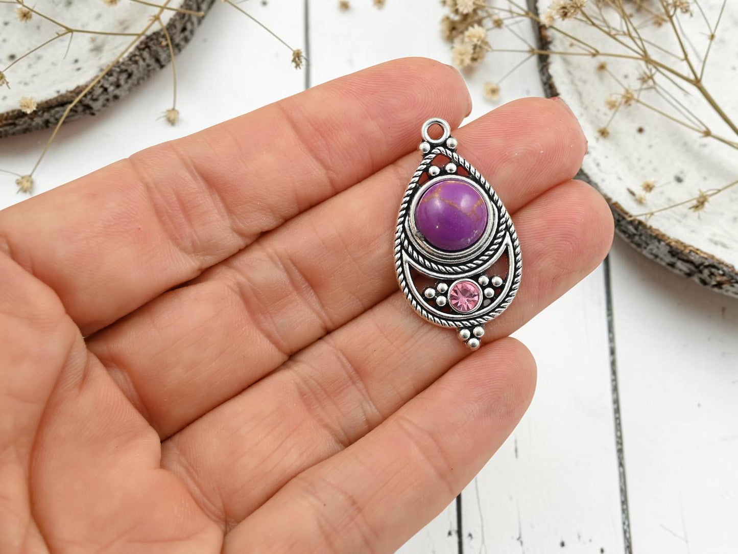 Antique Silver with Purple Howlite + Rhinestone Metal Charm Pendants - 34x18mm - 2pcs - (4744)