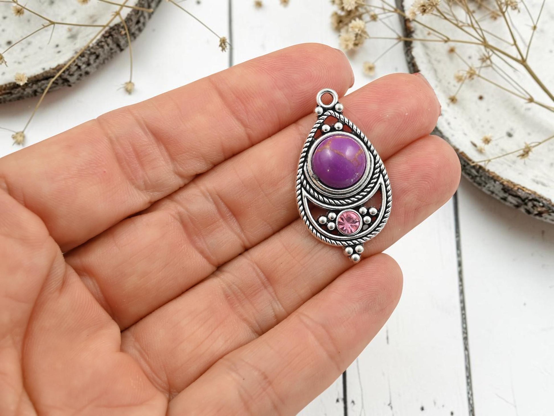 Antique Silver with Purple Howlite + Rhinestone Metal Charm Pendants - 34x18mm - 2pcs - (4744)