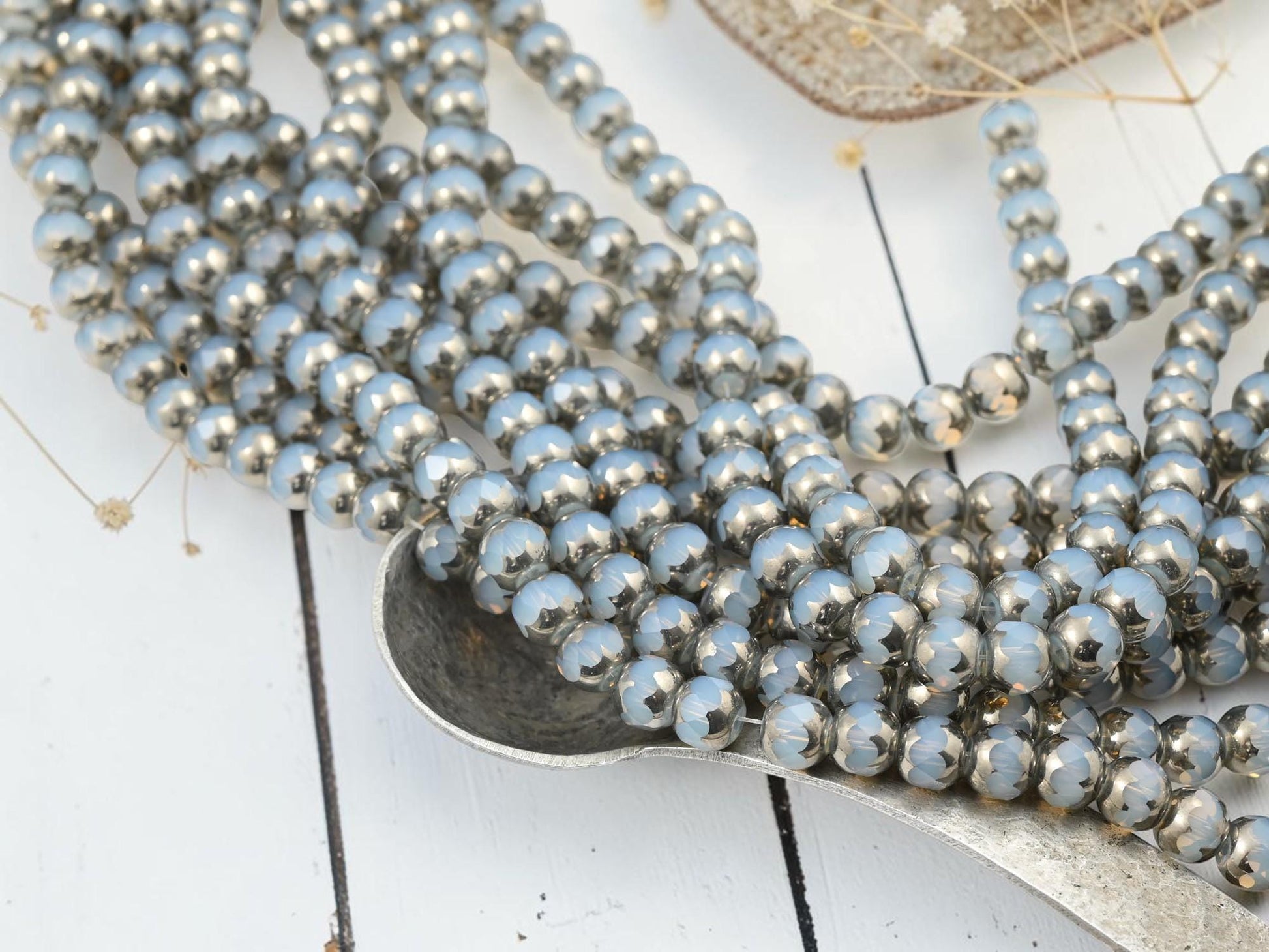 Electroplated Chinese Glass Faceted Round Beads - Silver Plated Crystal Opalite - 7x8mm - 11" Strand - (3483)