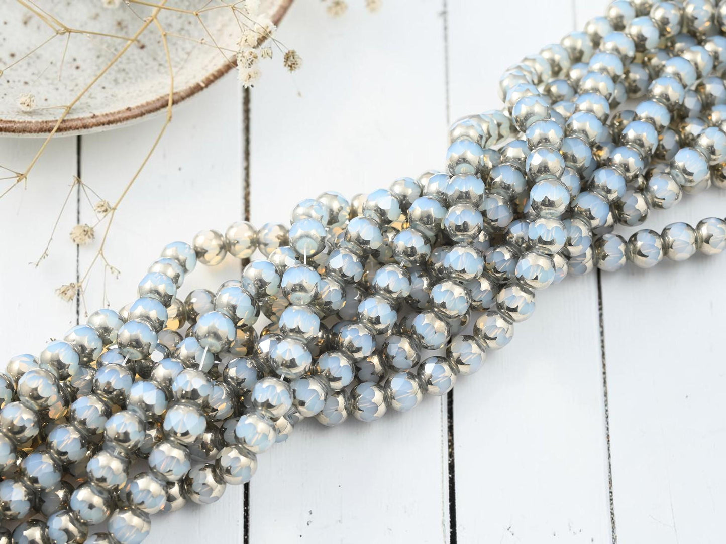 Electroplated Chinese Glass Faceted Round Beads - Silver Plated Crystal Opalite - 7x8mm - 11" Strand - (3483)