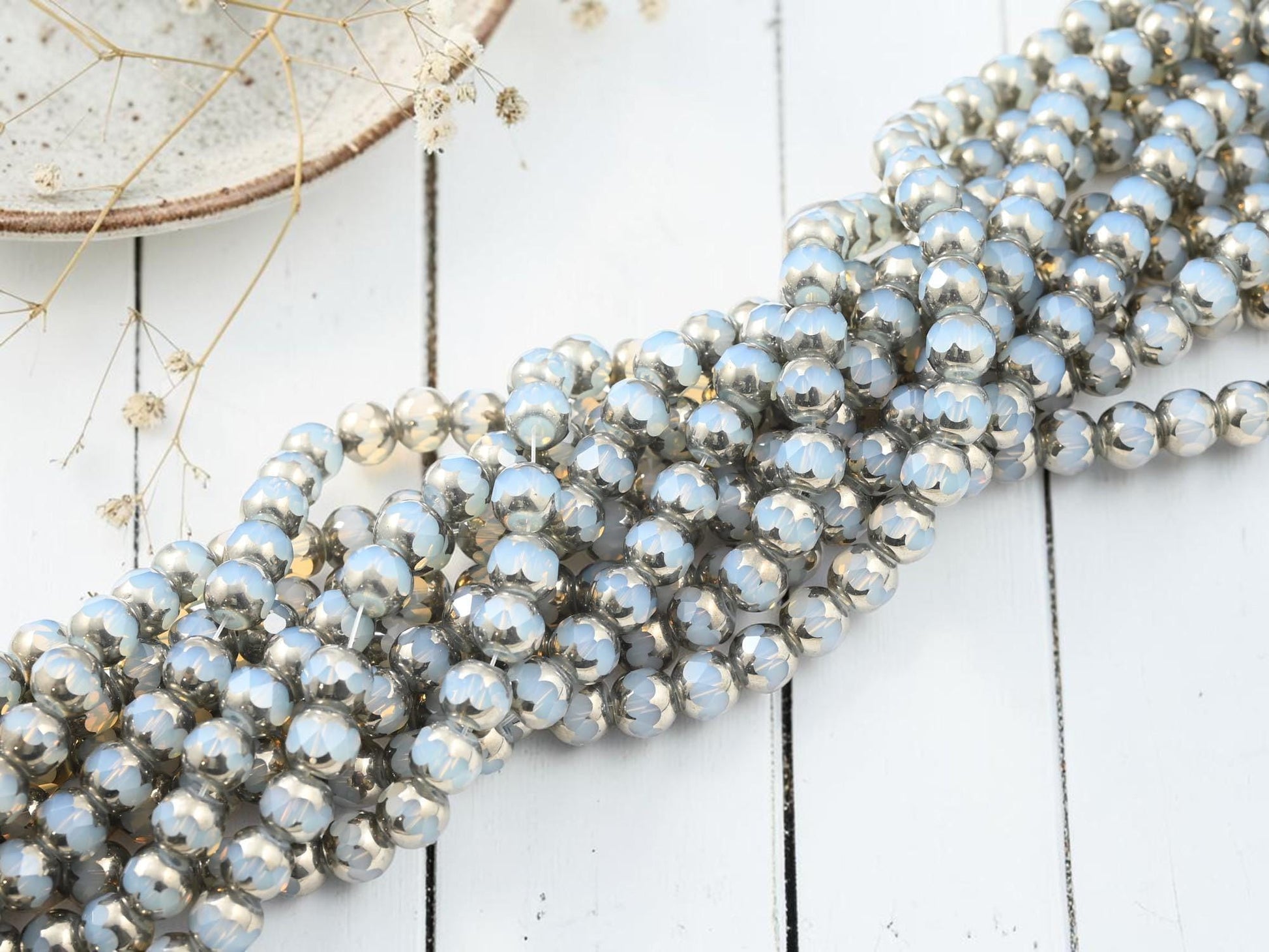 Electroplated Chinese Glass Faceted Round Beads - Silver Plated Crystal Opalite - 7x8mm - 11" Strand - (3483)