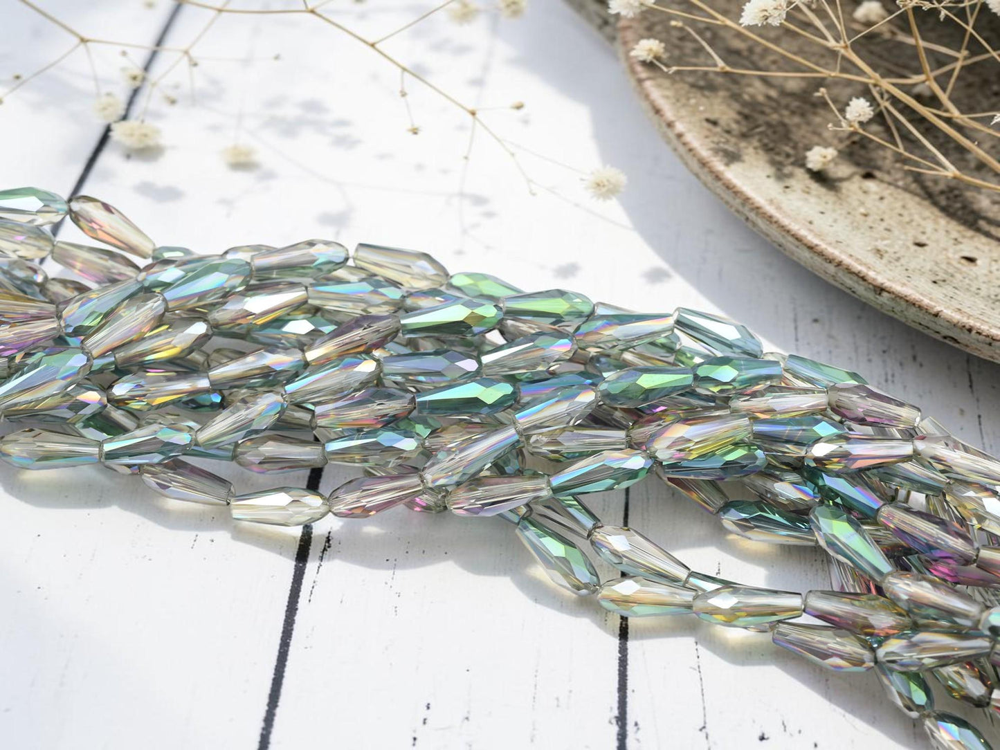 Electroplated Chinese Glass Faceted Teardrop Beads - Gray Crystal Rainbow - 15x6mm - 26" Strand - (B37)