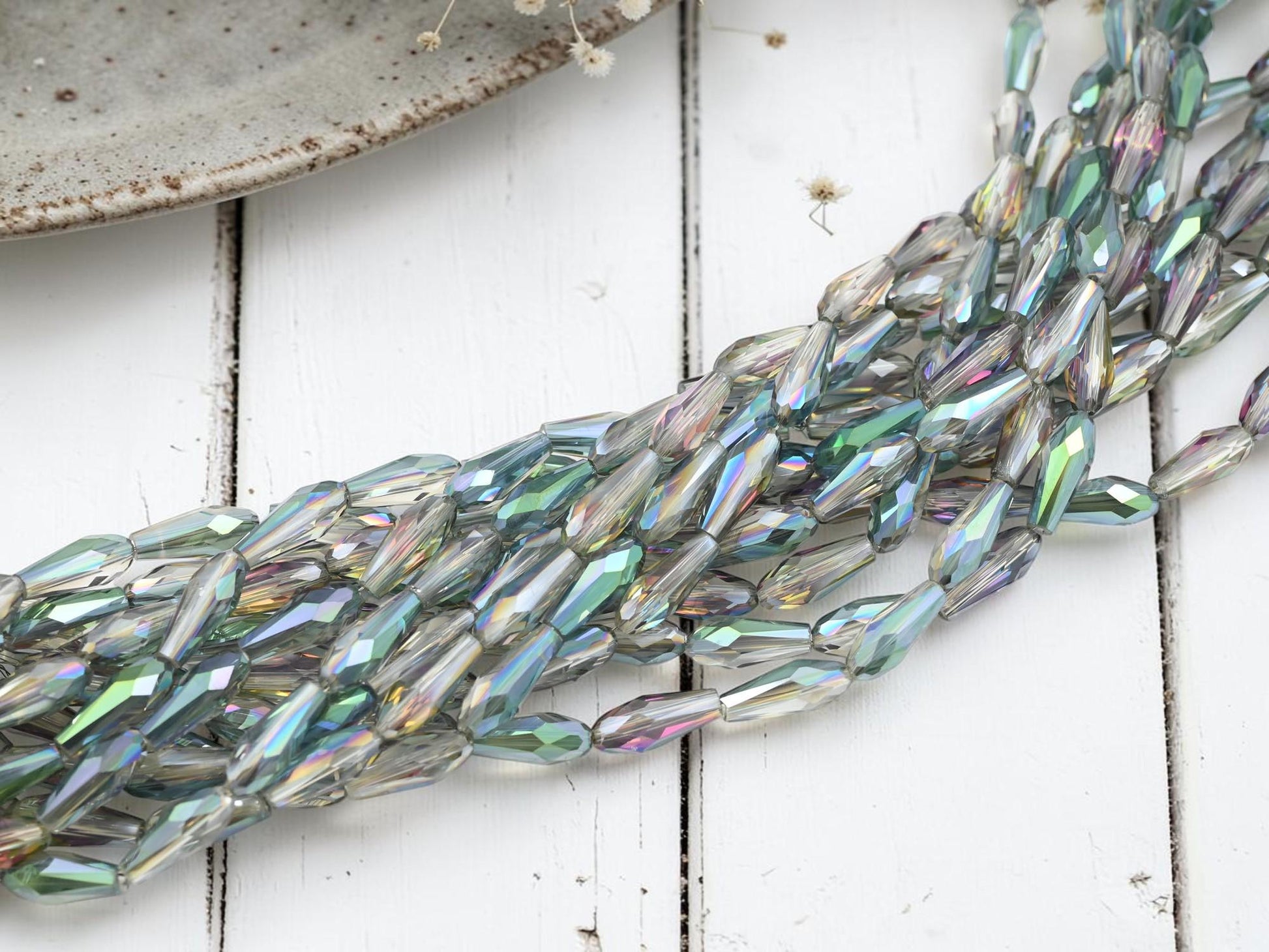 Electroplated Chinese Glass Faceted Teardrop Beads - Gray Crystal Rainbow - 15x6mm - 26" Strand - (B37)