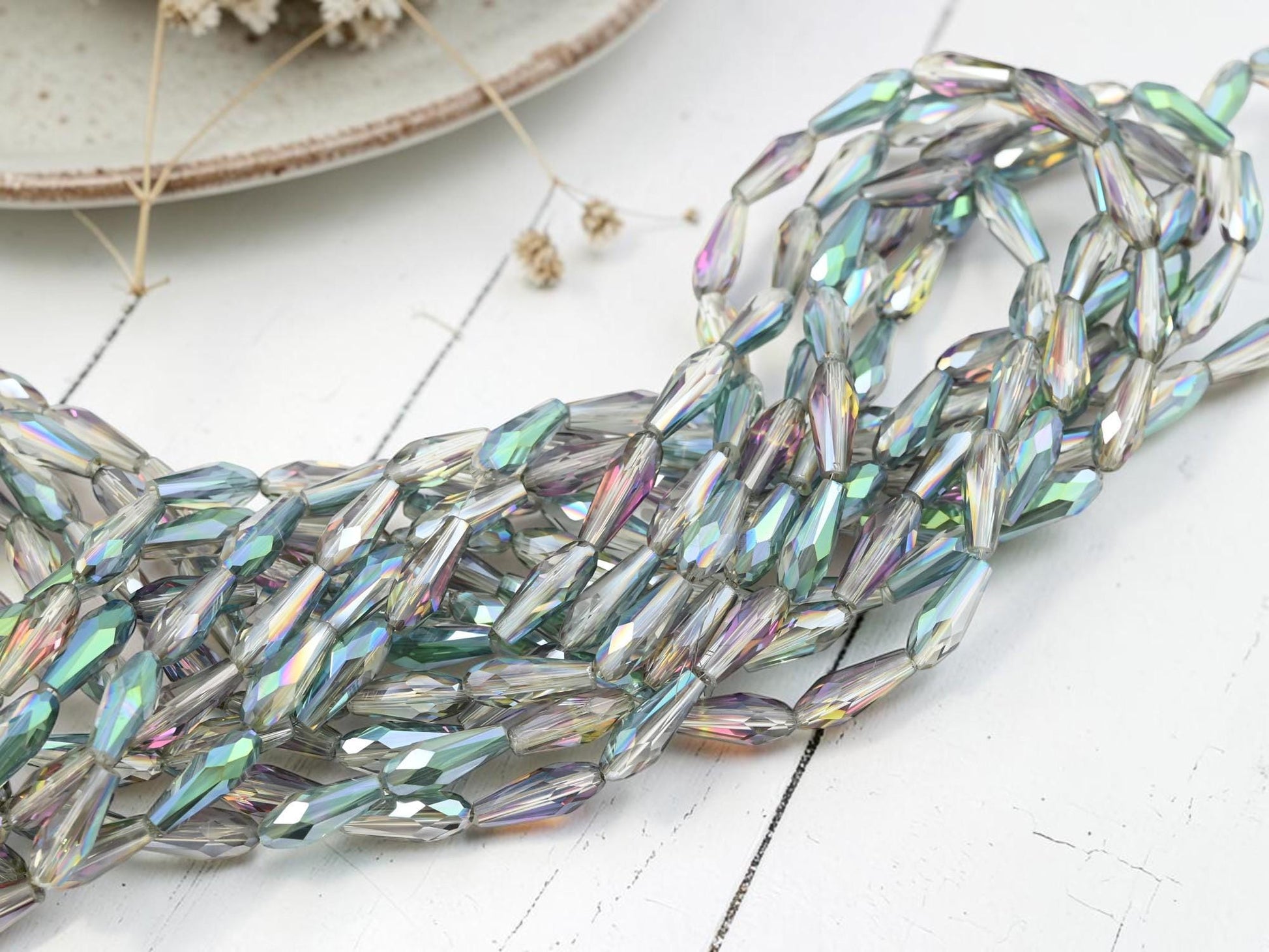 Electroplated Chinese Glass Faceted Teardrop Beads - Gray Crystal Rainbow - 15x6mm - 26" Strand - (B37)