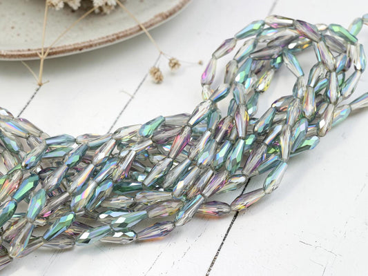 Electroplated Chinese Glass Faceted Teardrop Beads - Gray Crystal Rainbow - 15x6mm - 26" Strand - (B37)