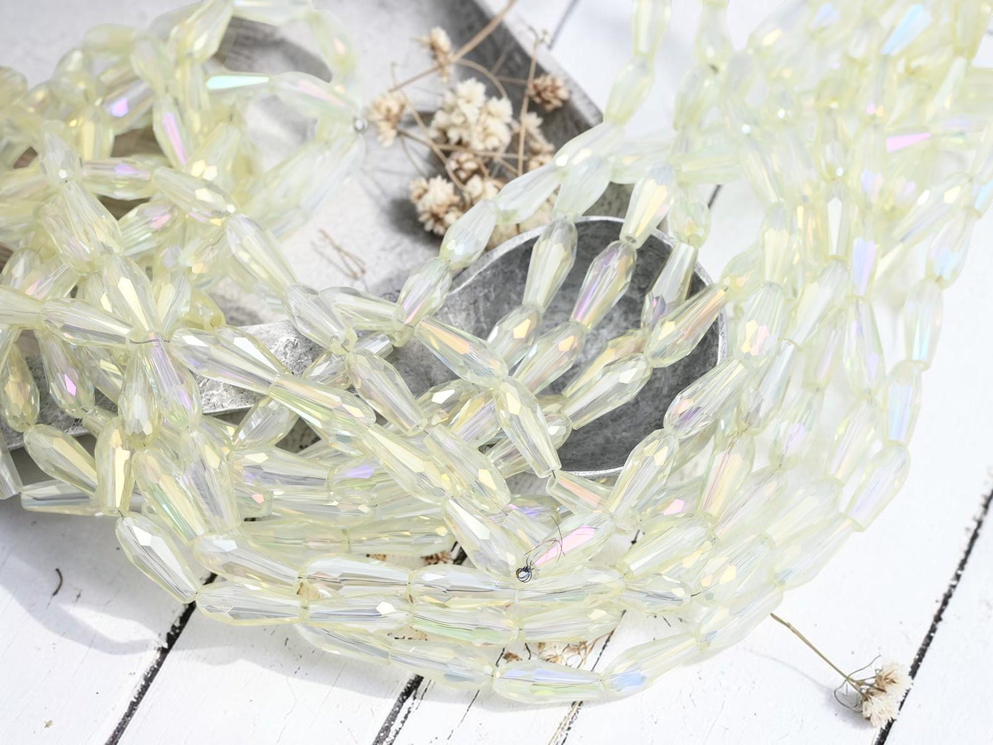 Electroplated Chinese Glass Faceted Teardrop Beads - Gray Crystal Rainbow - 15x6mm - 24" Strand - (6037)