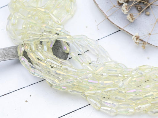 Electroplated Chinese Glass Faceted Teardrop Beads - Gray Crystal Rainbow - 15x6mm - 24" Strand - (6037)