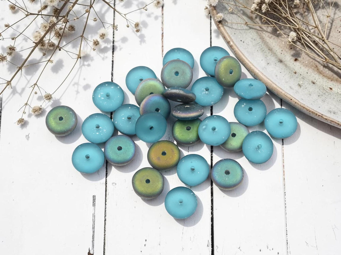 Czech Glass Rondelle Spacer Beads - Frosted Aqua Vitrail - 8mm - 25pcs - (4656)