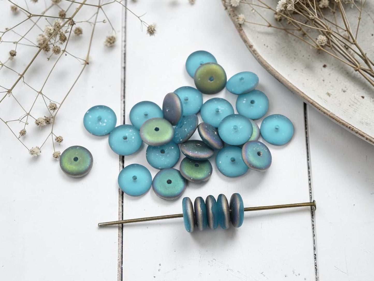 Czech Glass Rondelle Spacer Beads - Frosted Aqua Vitrail - 8mm - 25pcs - (4656)