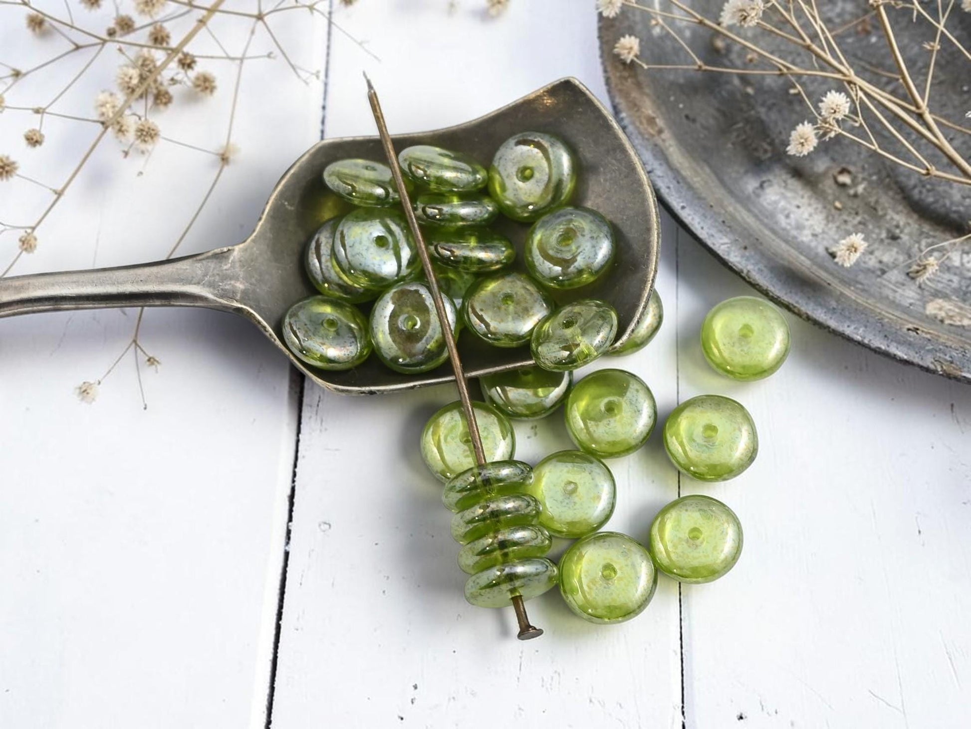 Czech Glass Rondelle Spacer Beads - Olivine Luster - 6mm or 8mm