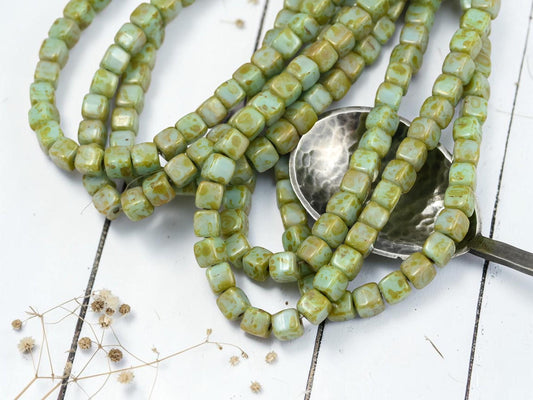 Czech Glass Cube Beads - Turquoise Picasso - 4mm - 40pcs - (120)