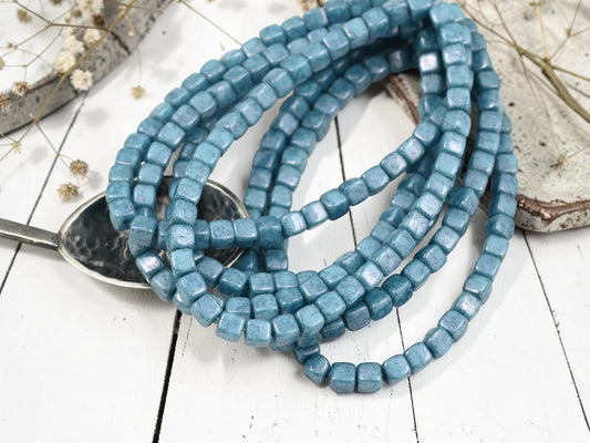 Czech Glass Cube Beads - Slate Blue Picasso - 4mm - 40pcs - (B751)