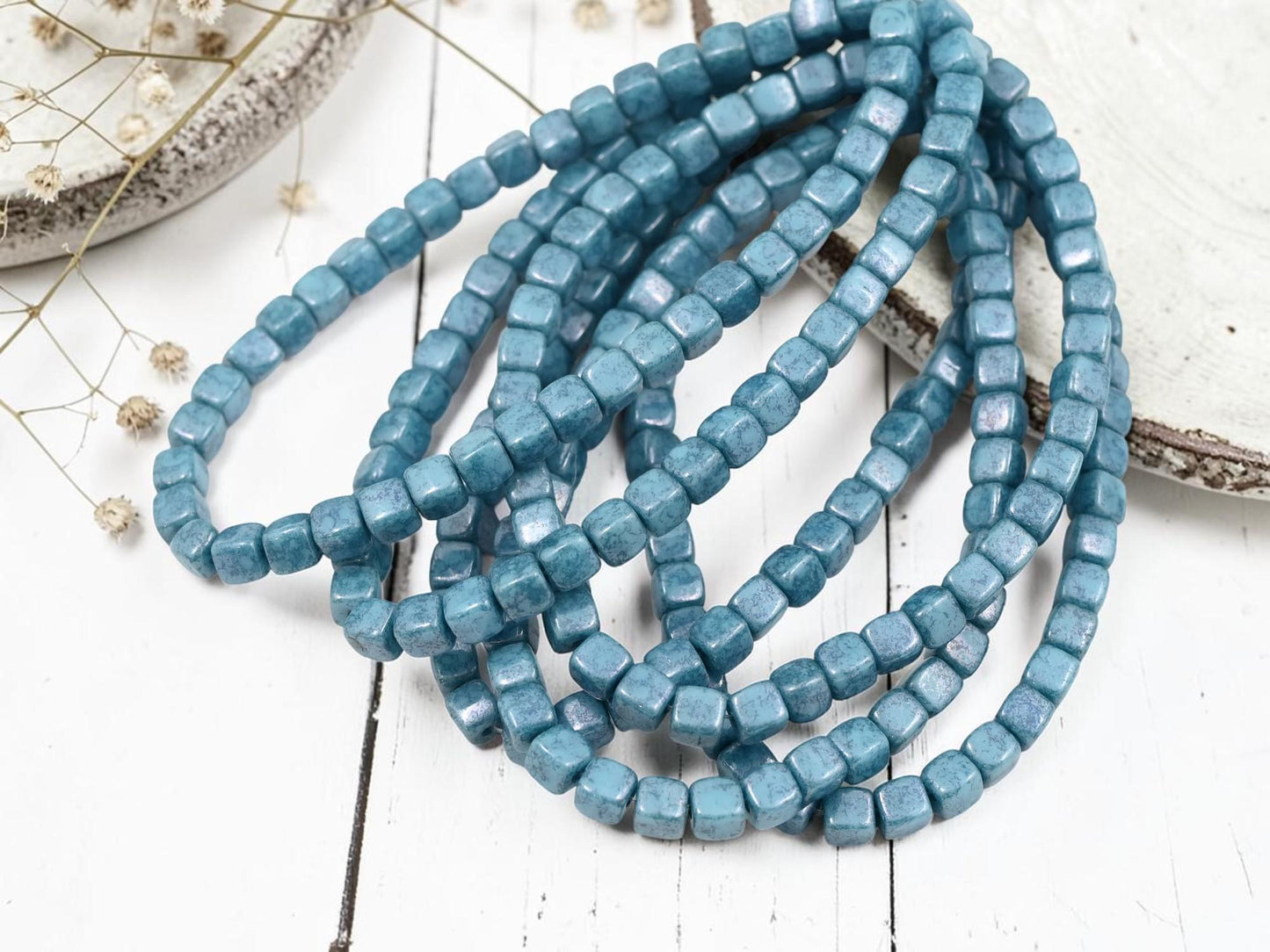 Czech Glass Cube Beads - Slate Blue Picasso - 4mm - 40pcs - (B751)