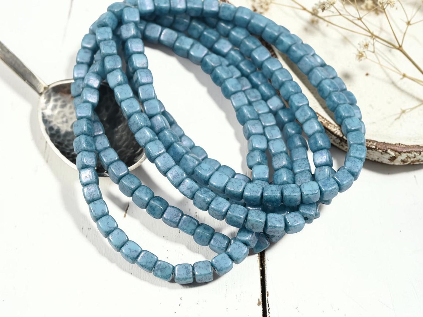 Czech Glass Cube Beads - Slate Blue Picasso - 4mm - 40pcs - (B751)