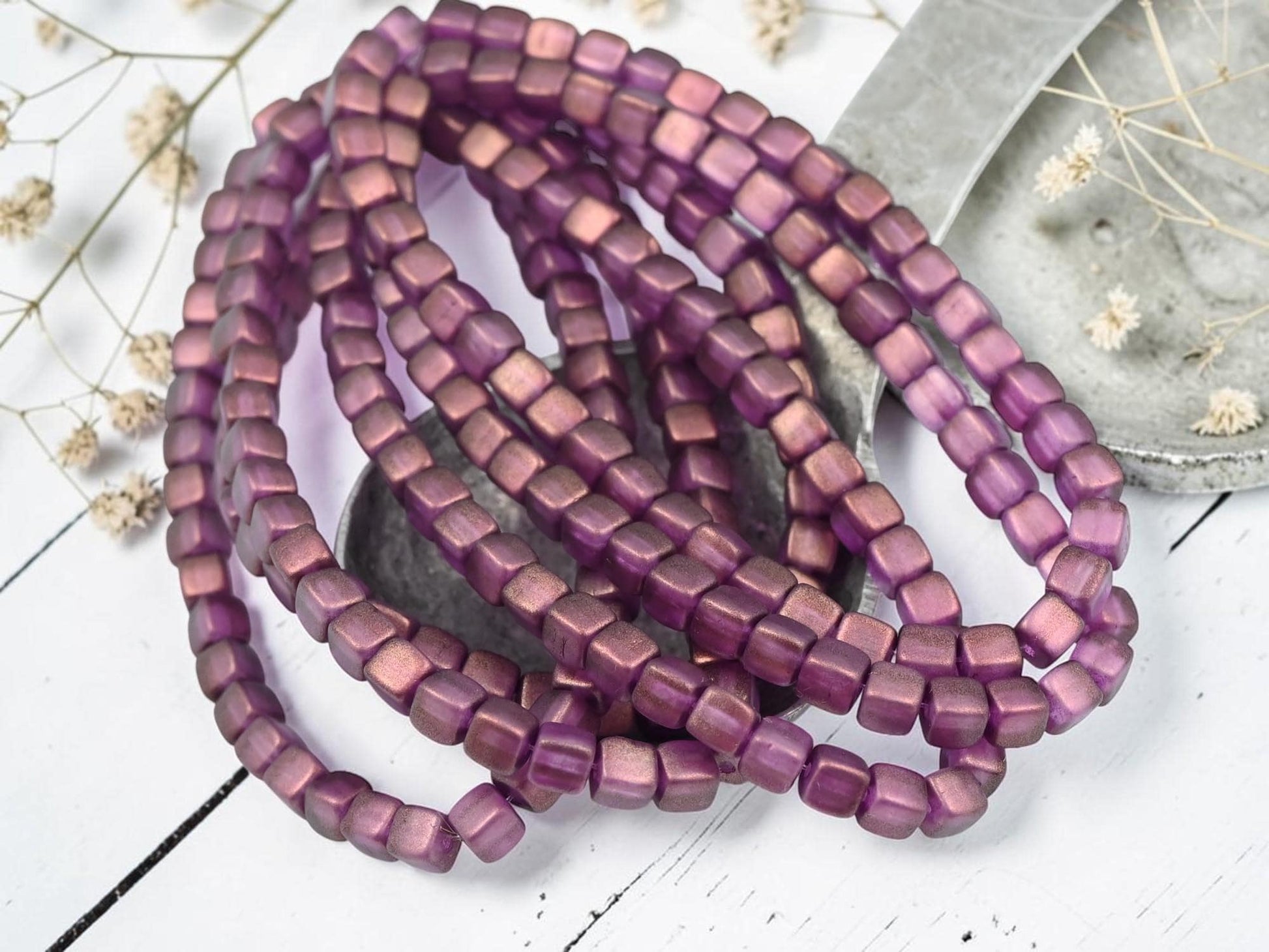 Czech Glass Cube Beads - Bronzed Washed Amethyst - 4mm - 40pcs - (5543)