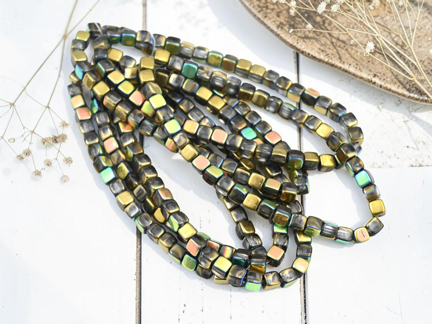 Czech Glass Cube Beads - Gold + Silver AB Washed Crystal - 4mm - 40pcs - (B398)