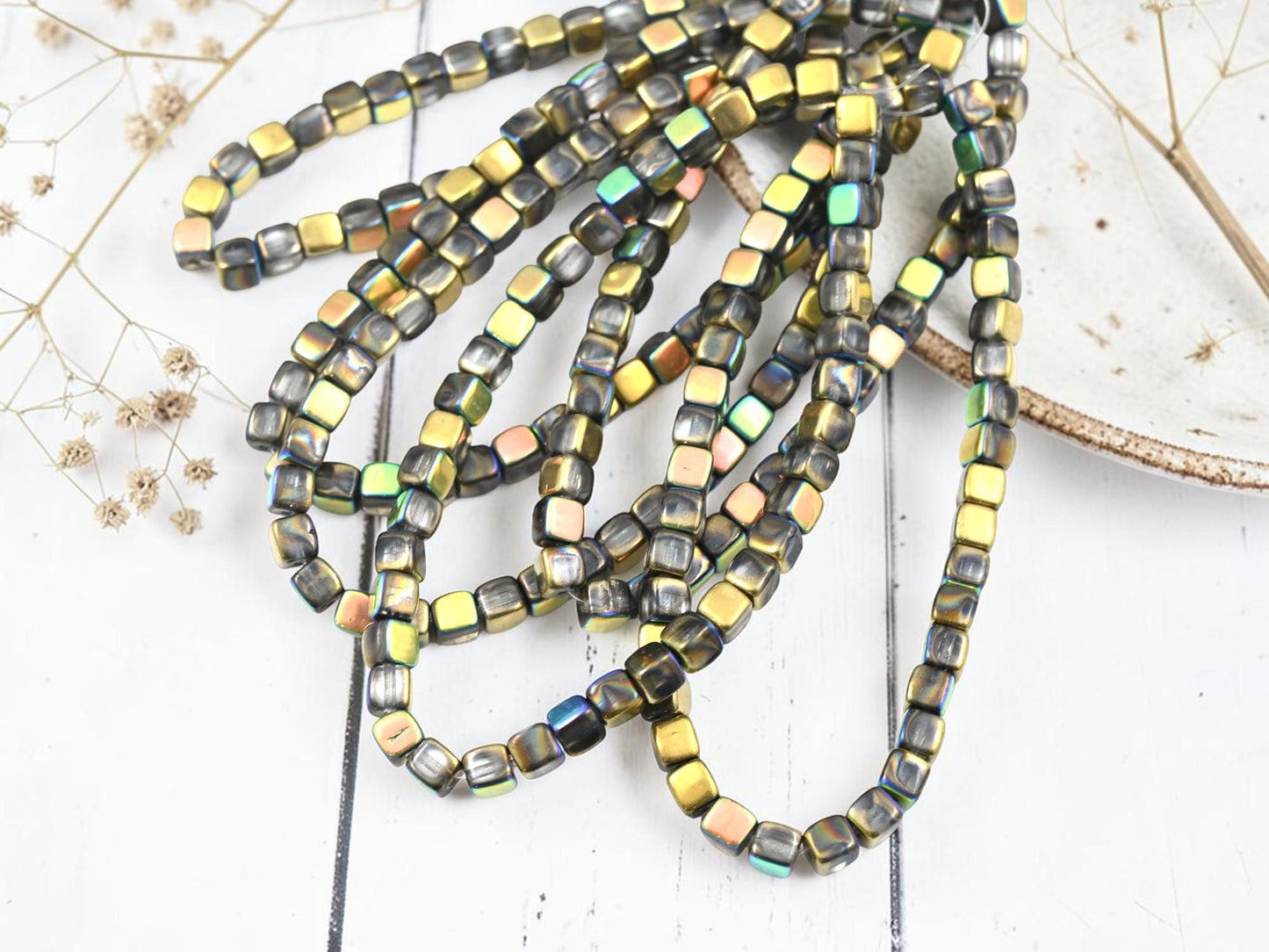 Czech Glass Cube Beads - Gold + Silver AB Washed Crystal - 4mm - 40pcs - (B398)