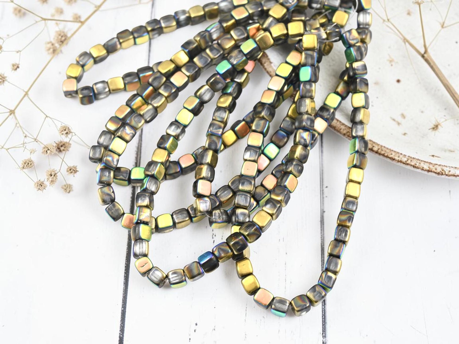 Czech Glass Cube Beads - Gold + Silver AB Washed Crystal - 4mm - 40pcs - (B398)