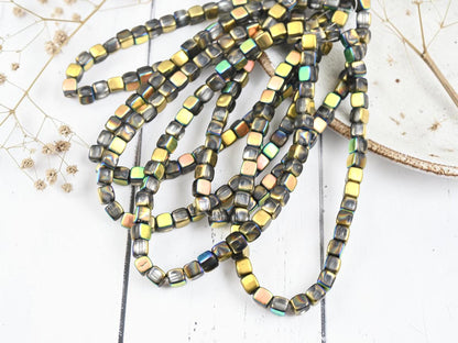 Czech Glass Cube Beads - Gold + Silver AB Washed Crystal - 4mm - 40pcs - (B398)