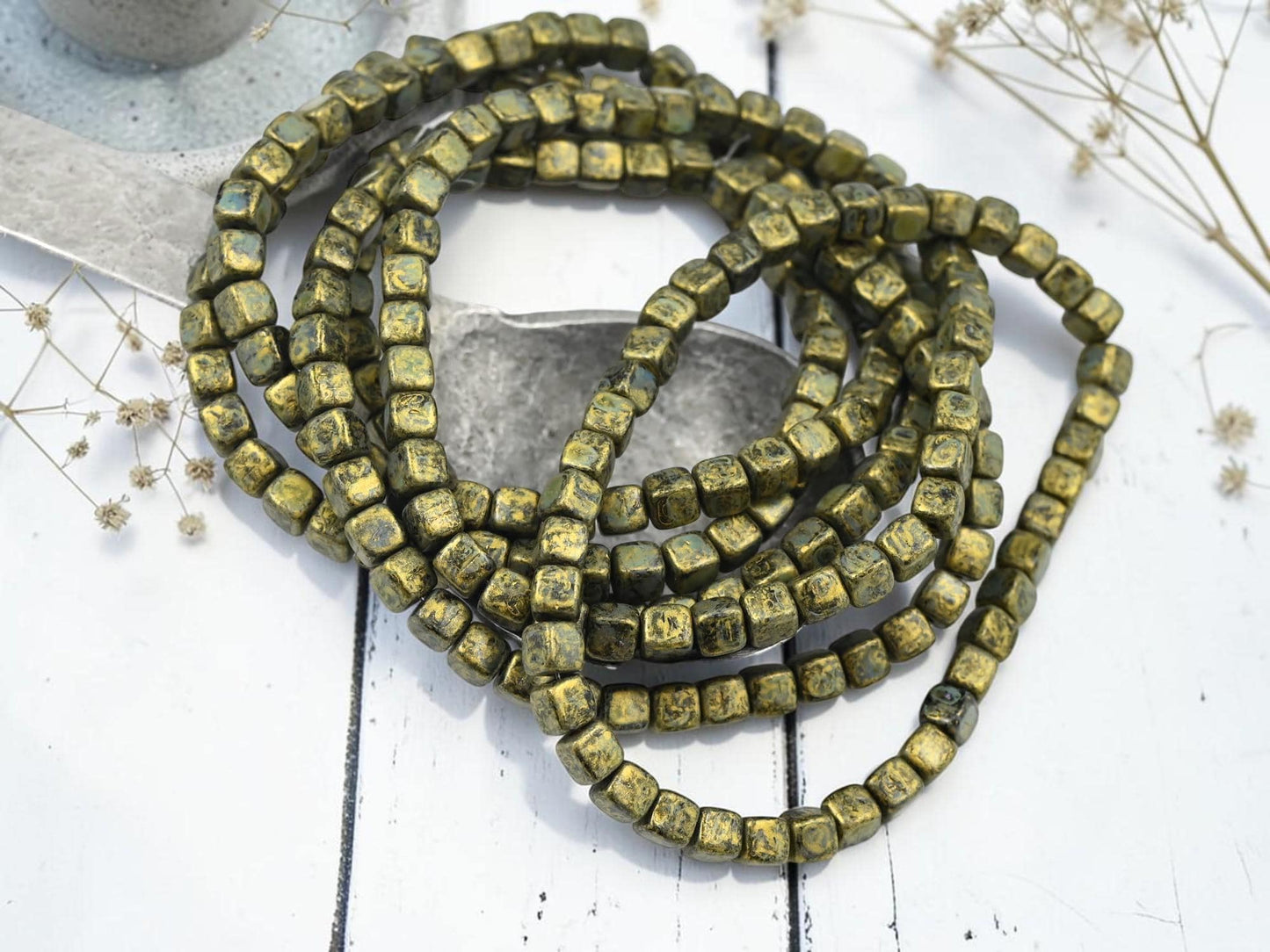 Czech Glass Cube Beads - Gold Washed Black Charcoal - 4mm - 40pcs - (B314)