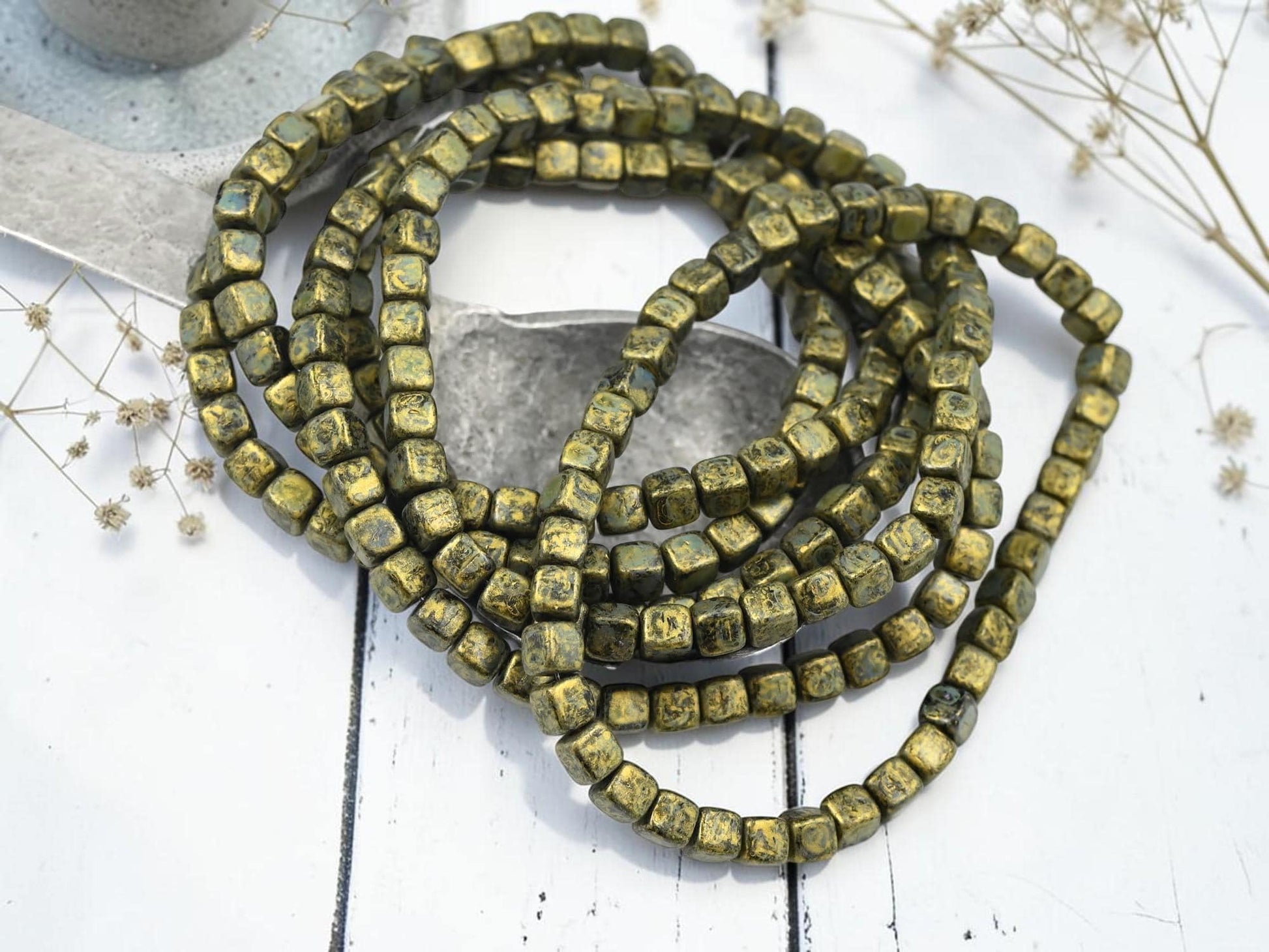 Czech Glass Cube Beads - Gold Washed Black Charcoal - 4mm - 40pcs - (B314)