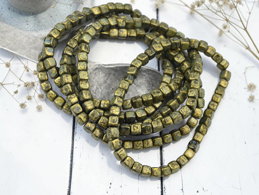 Czech Glass Cube Beads - Gold Washed Black Charcoal - 4mm - 40pcs - (B314)