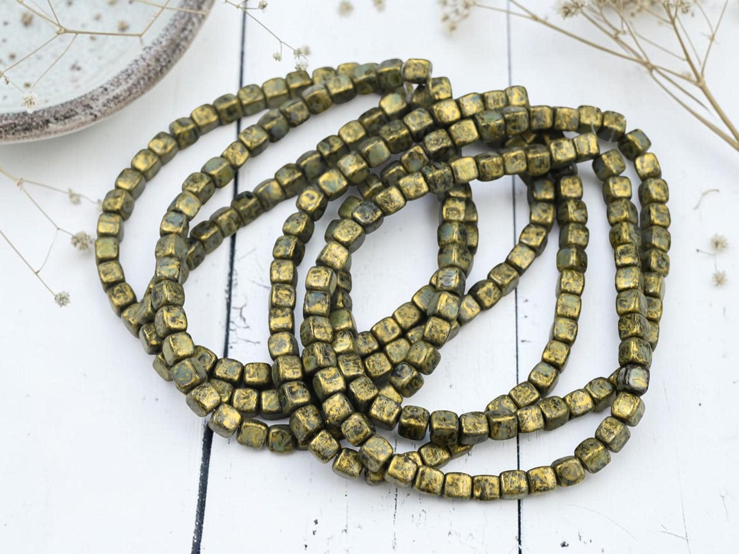 Czech Glass Cube Beads - Gold Washed Black Charcoal - 4mm - 40pcs - (B314)