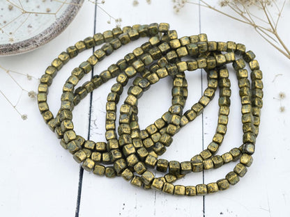 Czech Glass Cube Beads - Gold Washed Black Charcoal - 4mm - 40pcs - (B314)