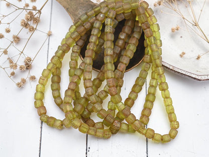 Czech Glass Cube Beads - Etched Matte Chartreuse Picasso - 4mm - 40pcs - (3808)
