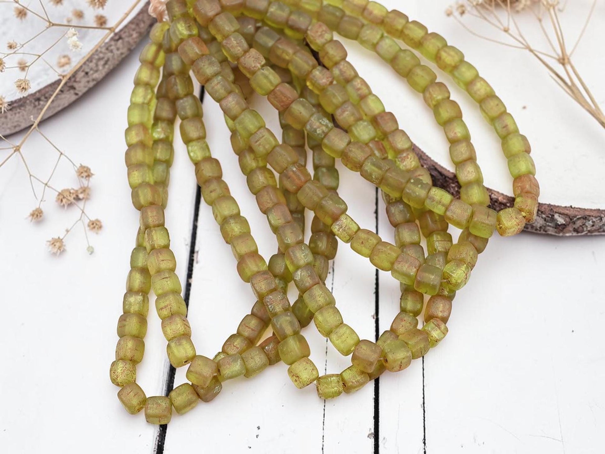 Czech Glass Cube Beads - Etched Matte Chartreuse Picasso - 4mm - 40pcs - (3808)