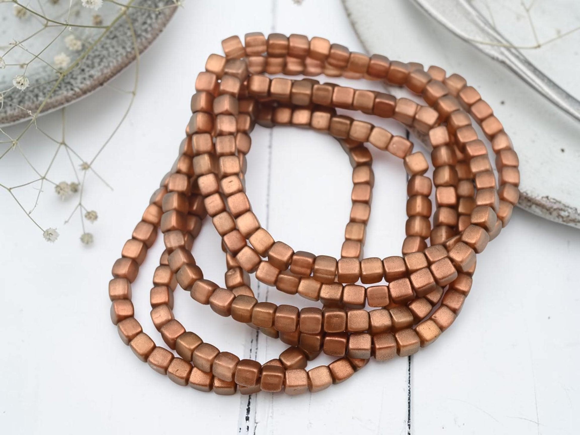 Czech Glass Cube Beads - Matte Copper Washed Peach - 4mm - 40pcs - (3946)