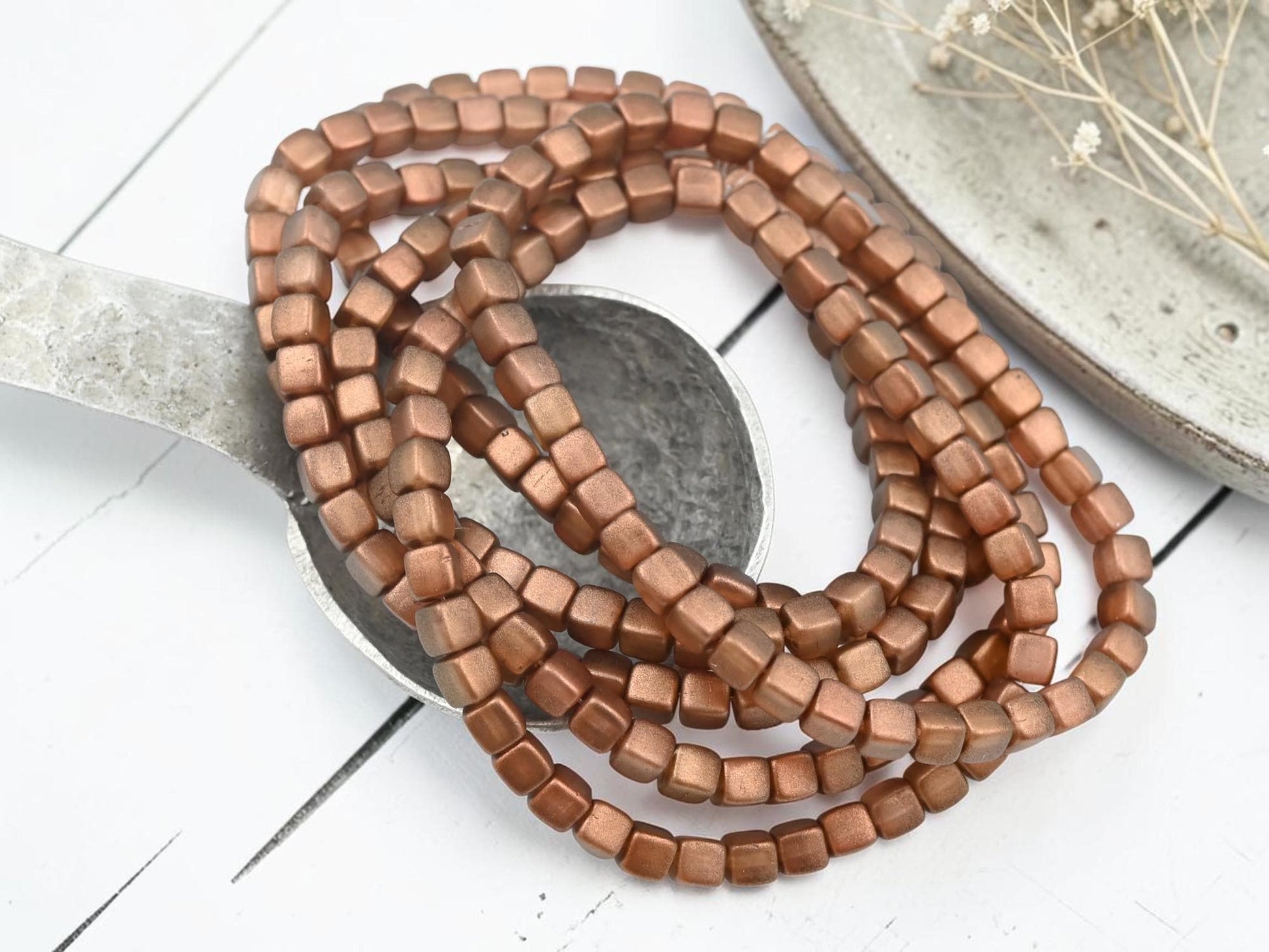Czech Glass Cube Beads - Matte Copper Washed Peach - 4mm - 40pcs - (3946)