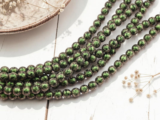 6mm Czech Glass Round Druk Beads - Olive Van Gogh - 25pcs - (2820)