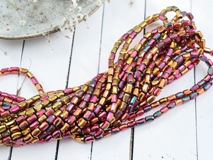 Electroplated Chinese Glass Faceted Tube Beads - Metallic Gold Iris - 4x6mm - 19" Strand - (B619)