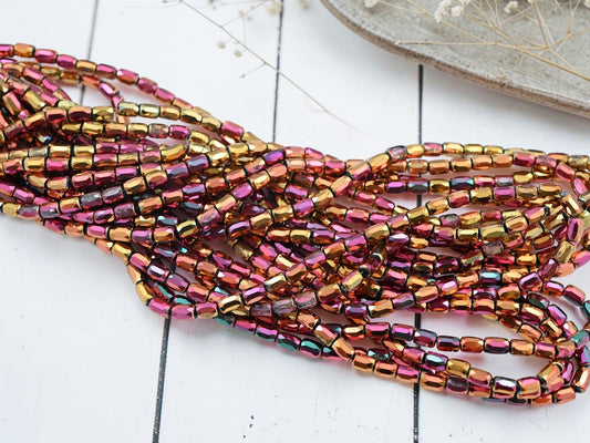Electroplated Chinese Glass Faceted Tube Beads - Metallic Gold Iris - 4x6mm - 19" Strand - (B619)